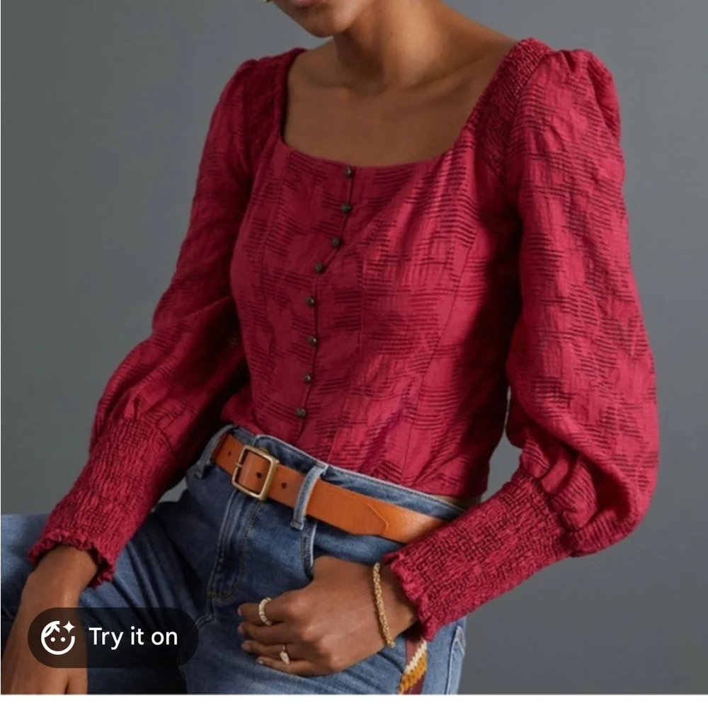 Anthropologie Pink Floral Ruffle Blouse Smocked Puff Sleeve Sz XS Cottagecore